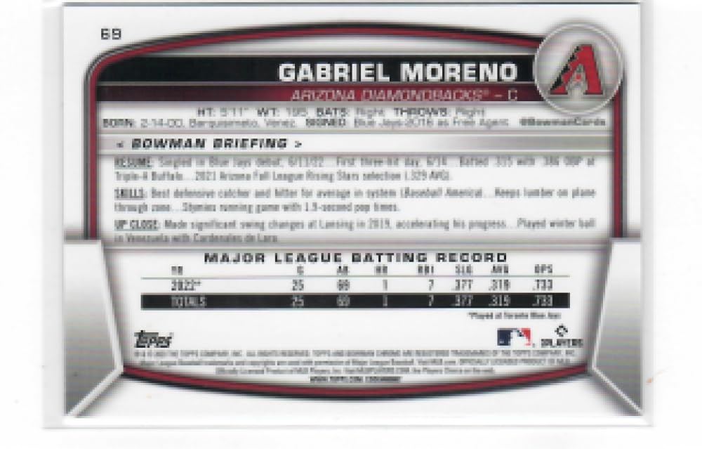 2023 Bowman Chrome Mega Box Mojo Refractor Blue #69 Gabriel Moreno RC Rookie Card /150 Arizona Diamondbacks Baseball NM-MT N920