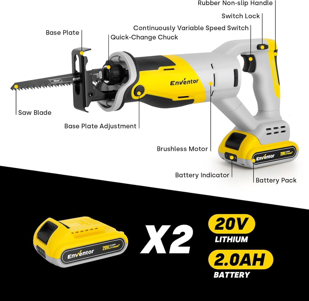 Reciprocating Saw with Brushless Motor, 20V, 2 x 2.0 Ah Batteries I7428