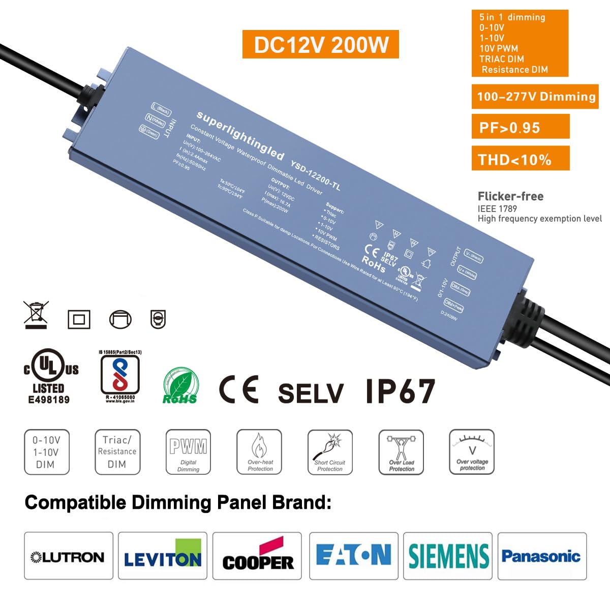 200W 0/1-10V & TRIAC Dimmable Waterproof IP67 12V Low Voltage Transformer D359