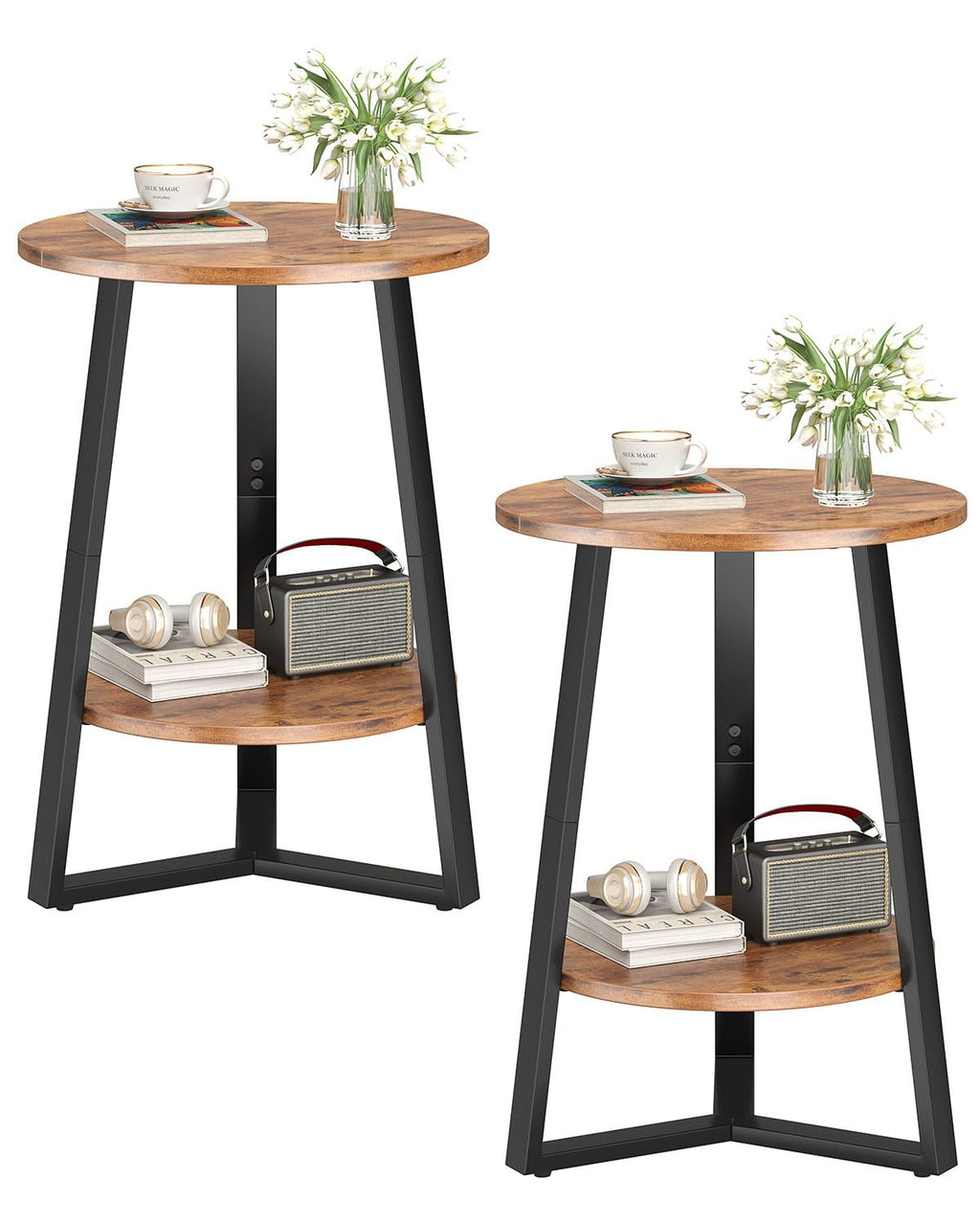 Small Round End Table Set of 2, 2 Tier Side Table with Storage Shelf, Rustic Brown X994481