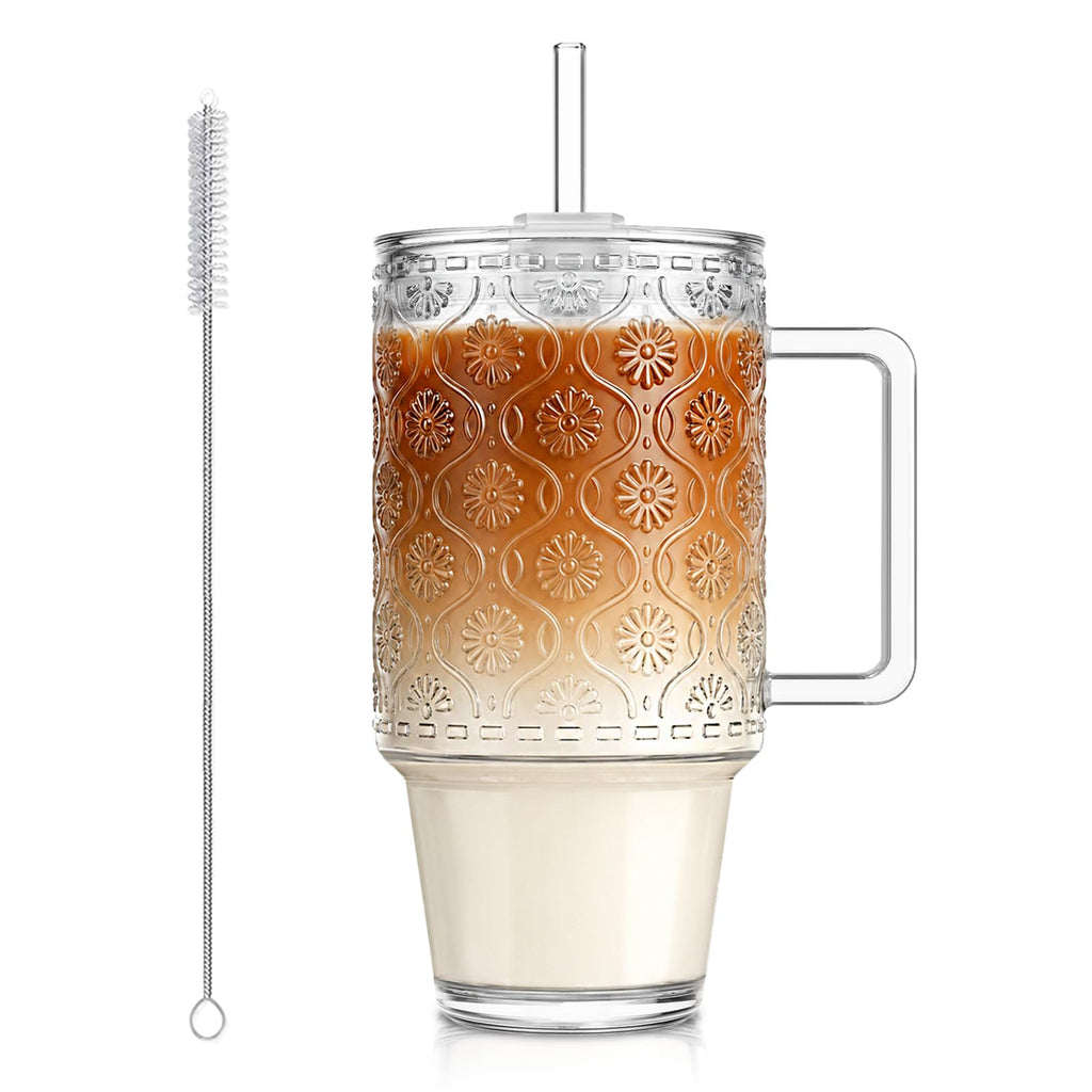24 Oz Ribbed Glass Tumblers with Lids and Straws P31863