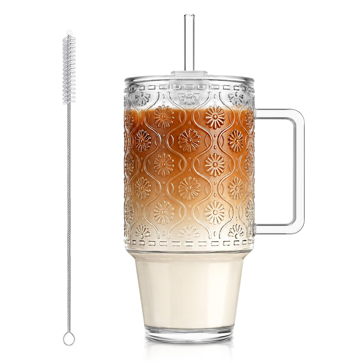 24 Oz Ribbed Glass Tumblers with Lids and Straws P31863