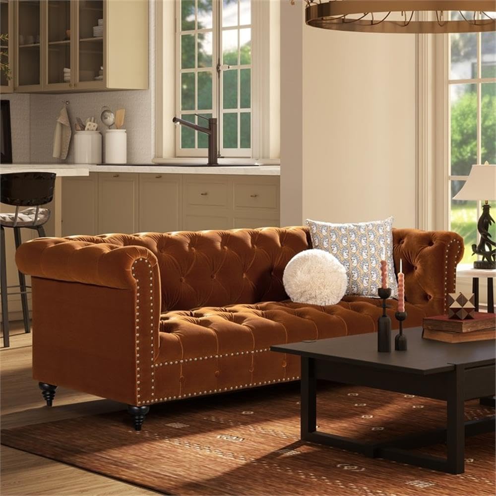 Burnt Orange Velvet Tufted Chesterfield Sofa S78372