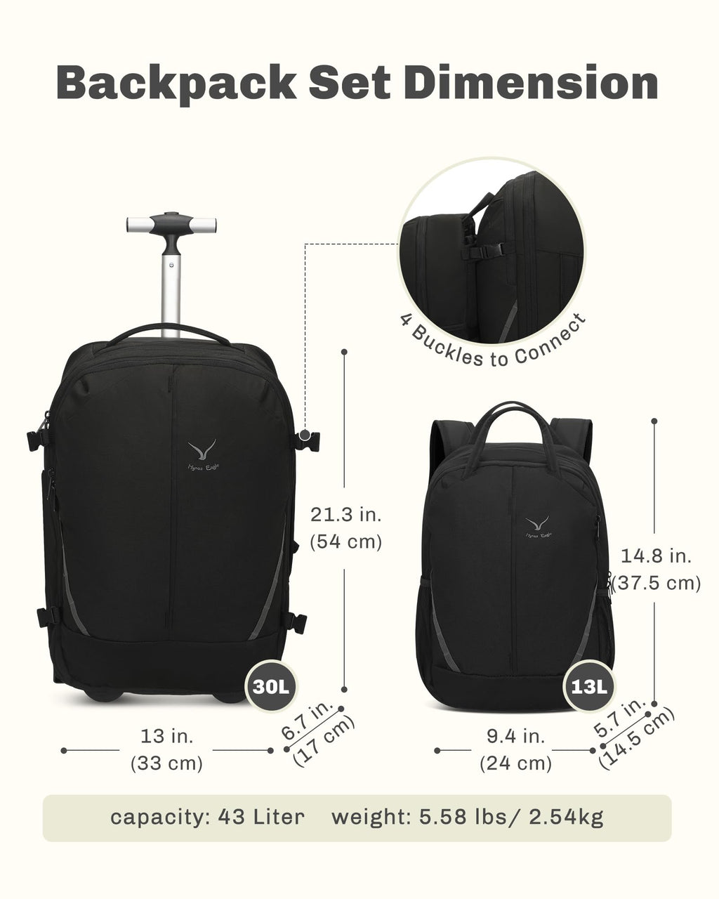 Rolling Backpack with Wheels 43L with Waist Pack X506
