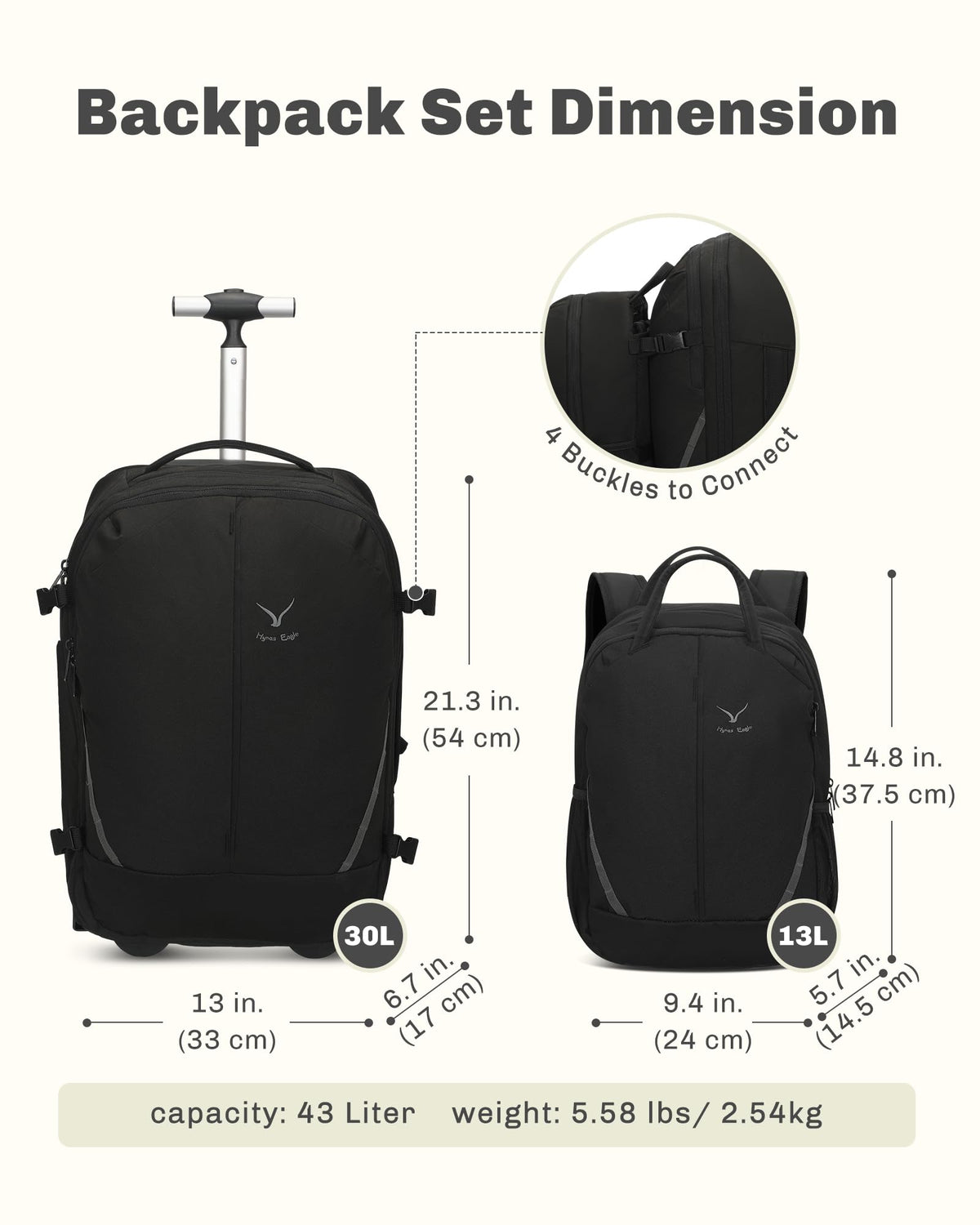 Rolling Backpack with Wheels 43L with Waist Pack X506