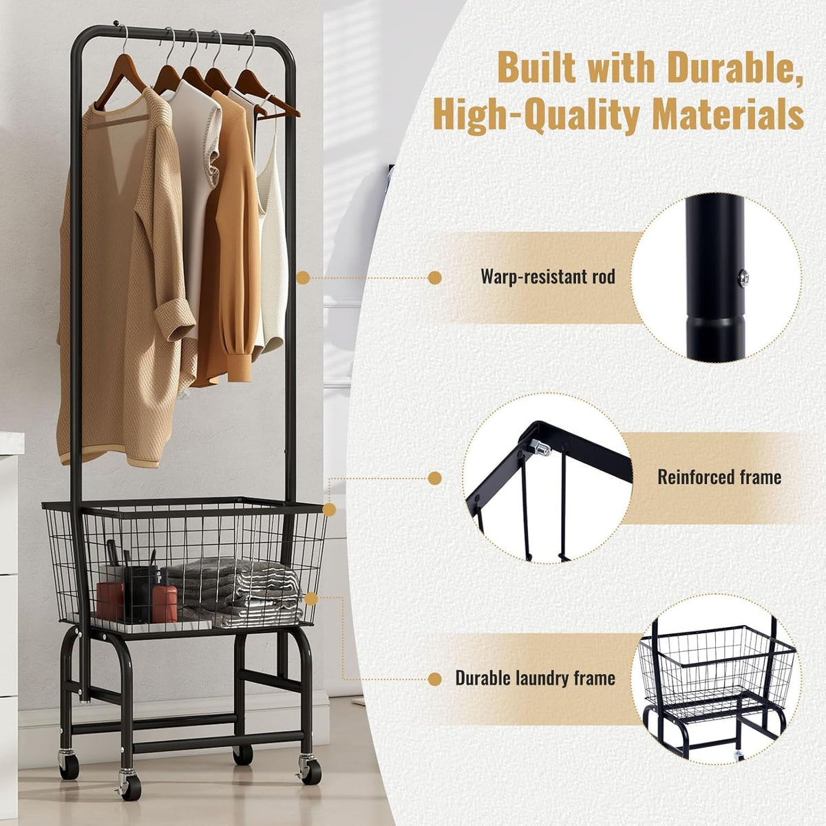 Black Rolling Laundry Cart with Hanging Rack B252368