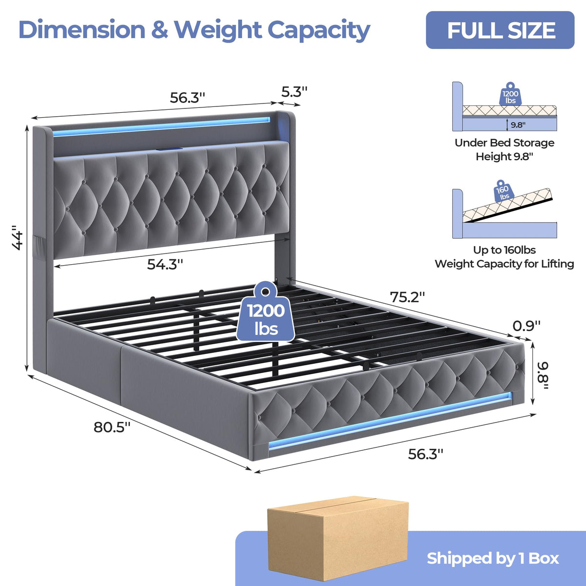 Full Size Hydraulic Lift Up Storage Bed Frame with Shelves, Side Pockets & Charging Station, Upholstered LED Platform Bed with Button Tufted Headboard, No Box Spring Needed, Velvet Grey Y1920