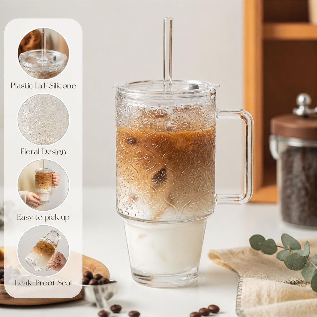 24 Oz Ribbed Glass Tumblers with Lids and Straws P31863