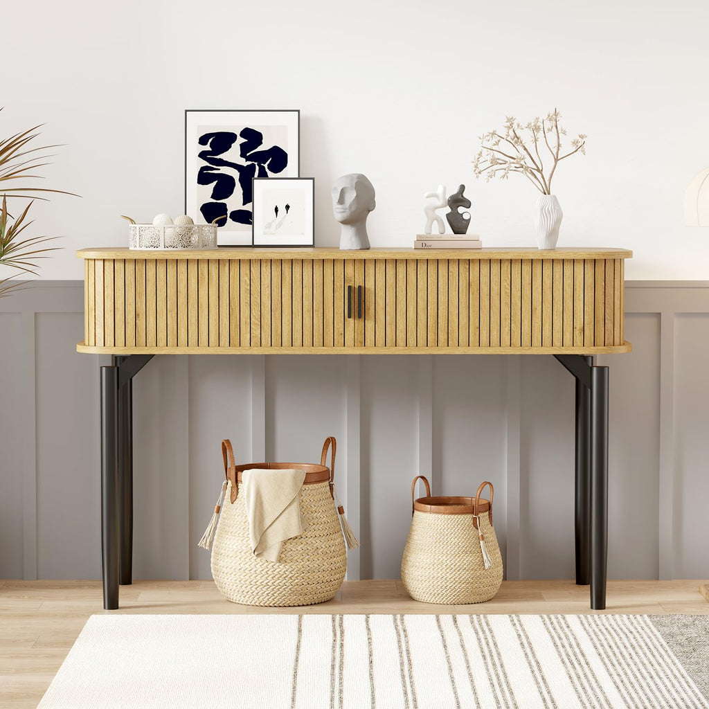 47" Fluted Narrow Console Table with 2 Drawers & Sliding Door L895490
