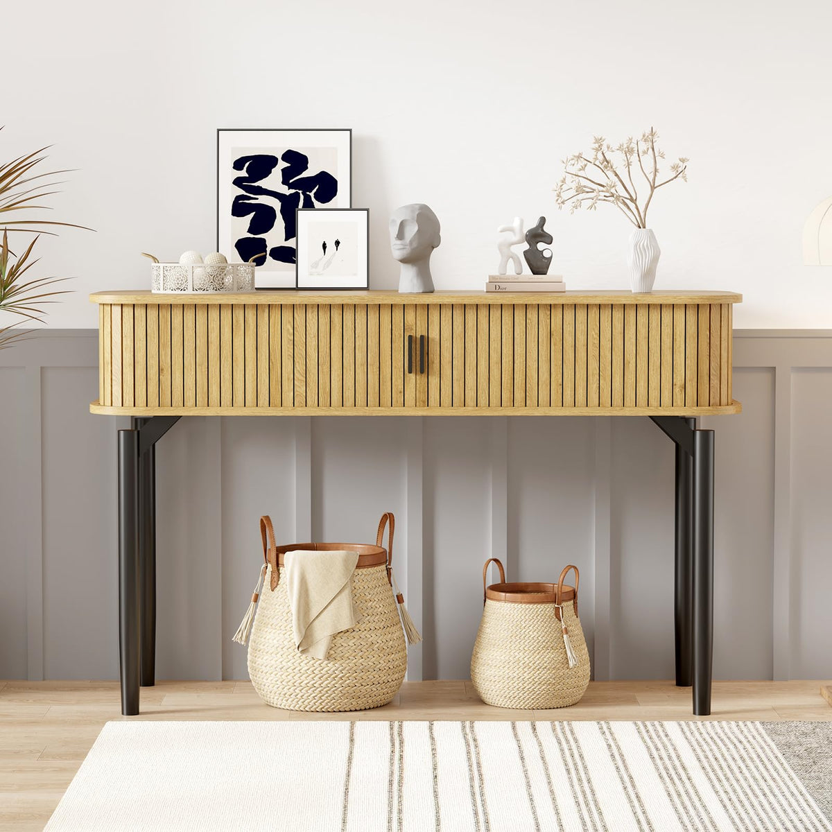 47" Fluted Narrow Console Table with 2 Drawers & Sliding Door L895490