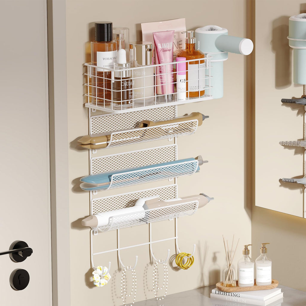 Wall-Mounted Hair Dryer Holder 4-Shelf White L20859