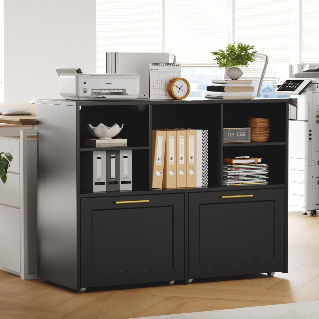 Black 2 Drawer Lateral File Cabinet with Open Storage Cubes O671
