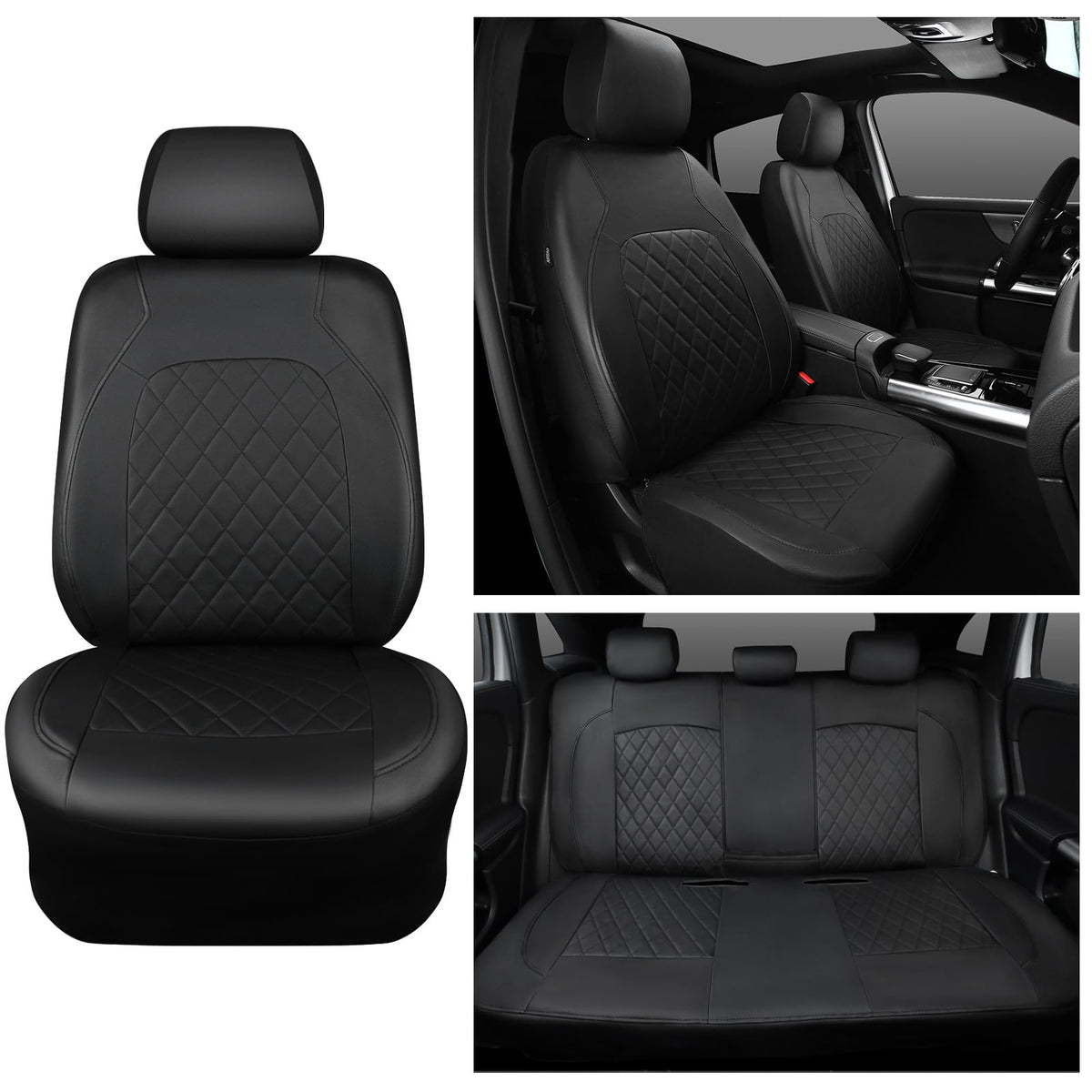 Faux Leather Car Seat Covers Full Set, Airbag Compatible, Breathable, All Black H2110