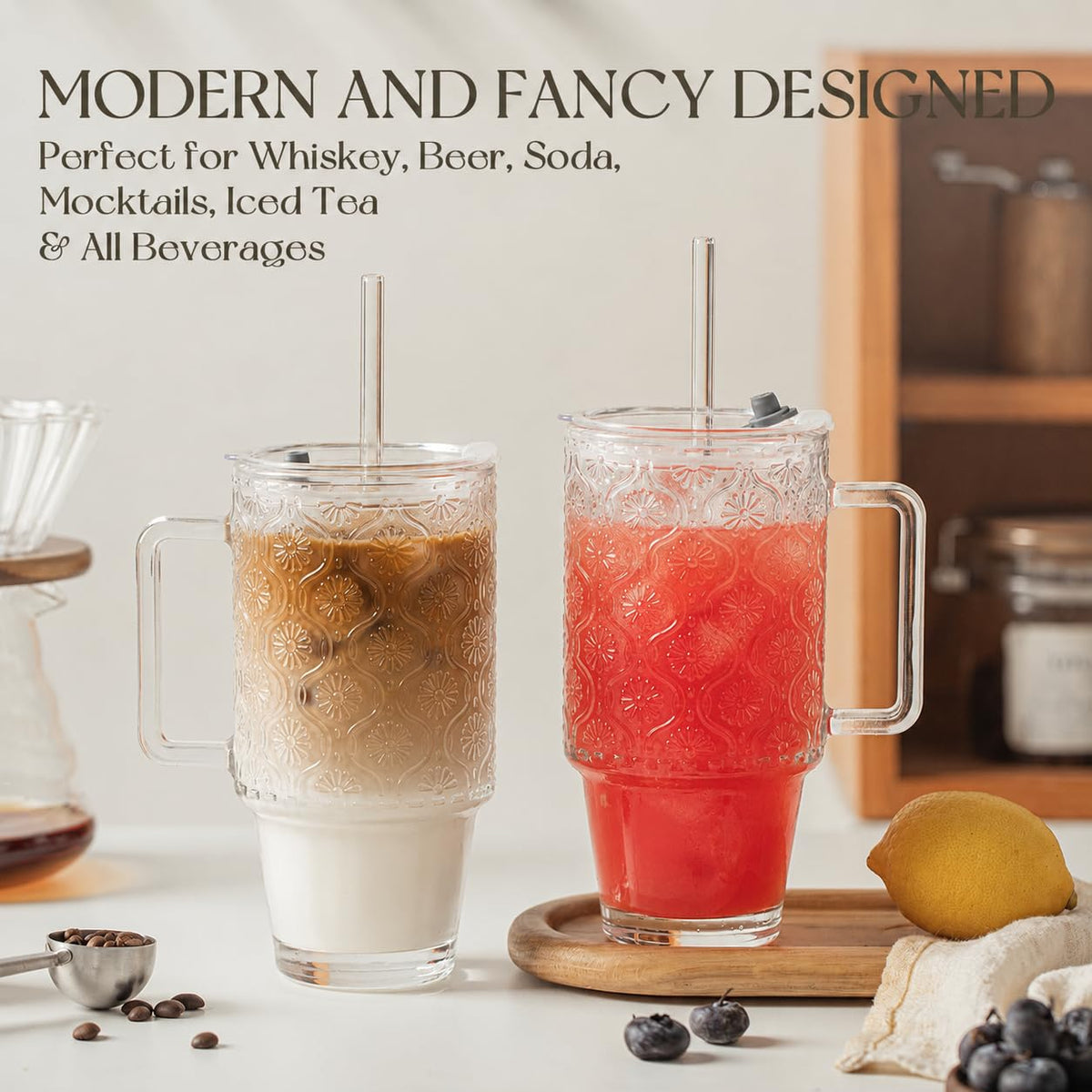 24 Oz Ribbed Glass Tumblers with Lids and Straws P31863