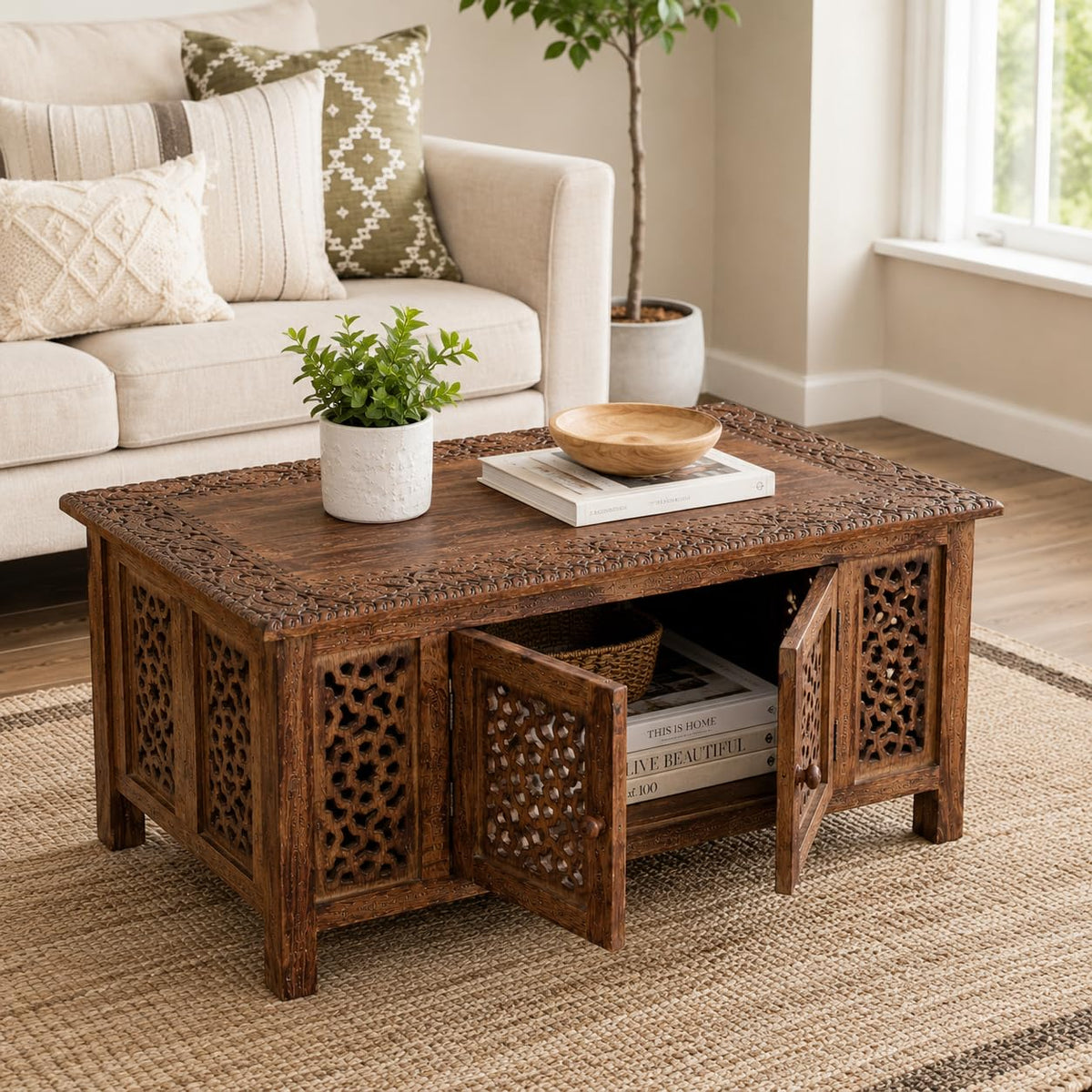 Hand-Carved Mango Wood Coffee Table A423594