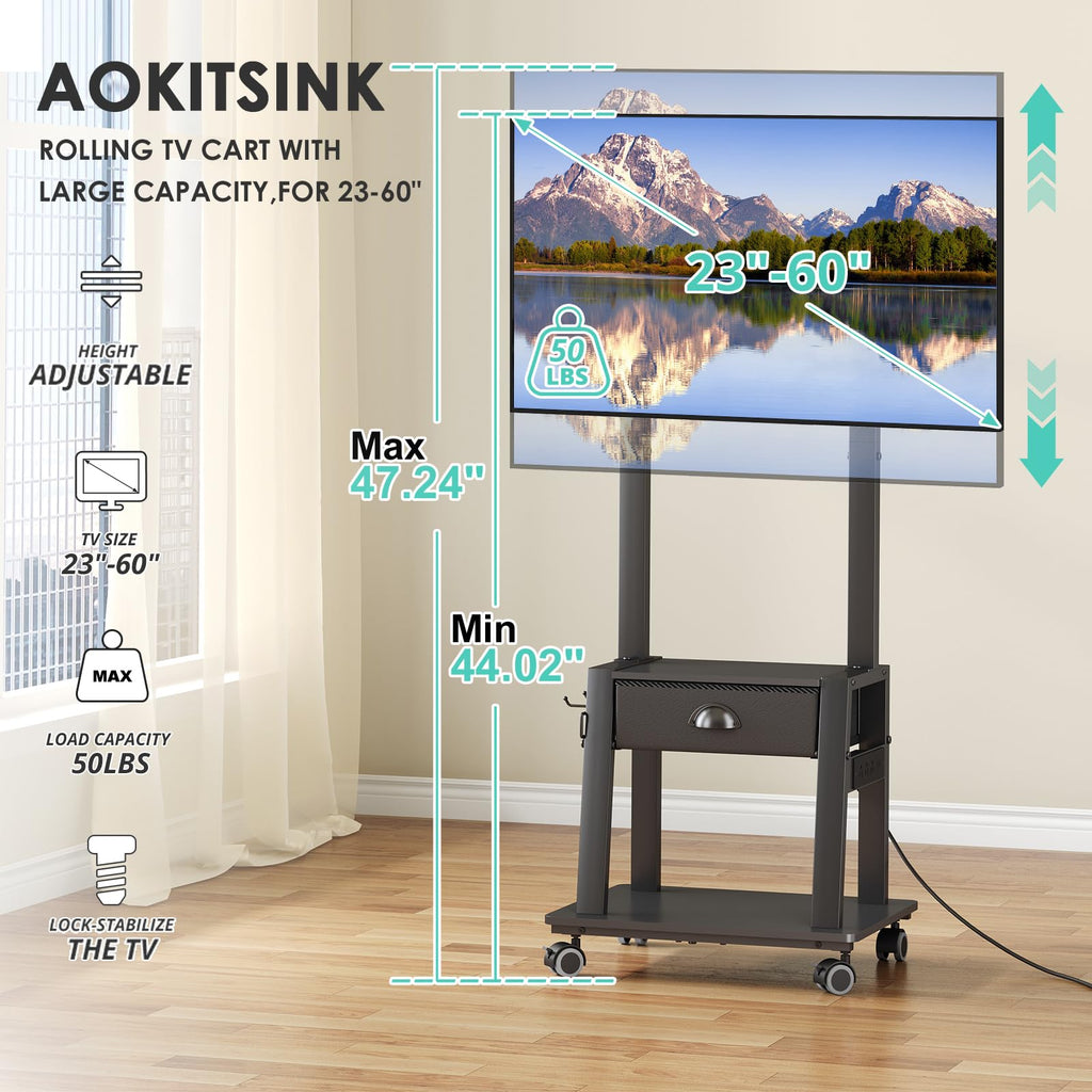 Rolling TV Stand with Power Outlet, Adjustable Height, for 23-60 inch Screens I850061
