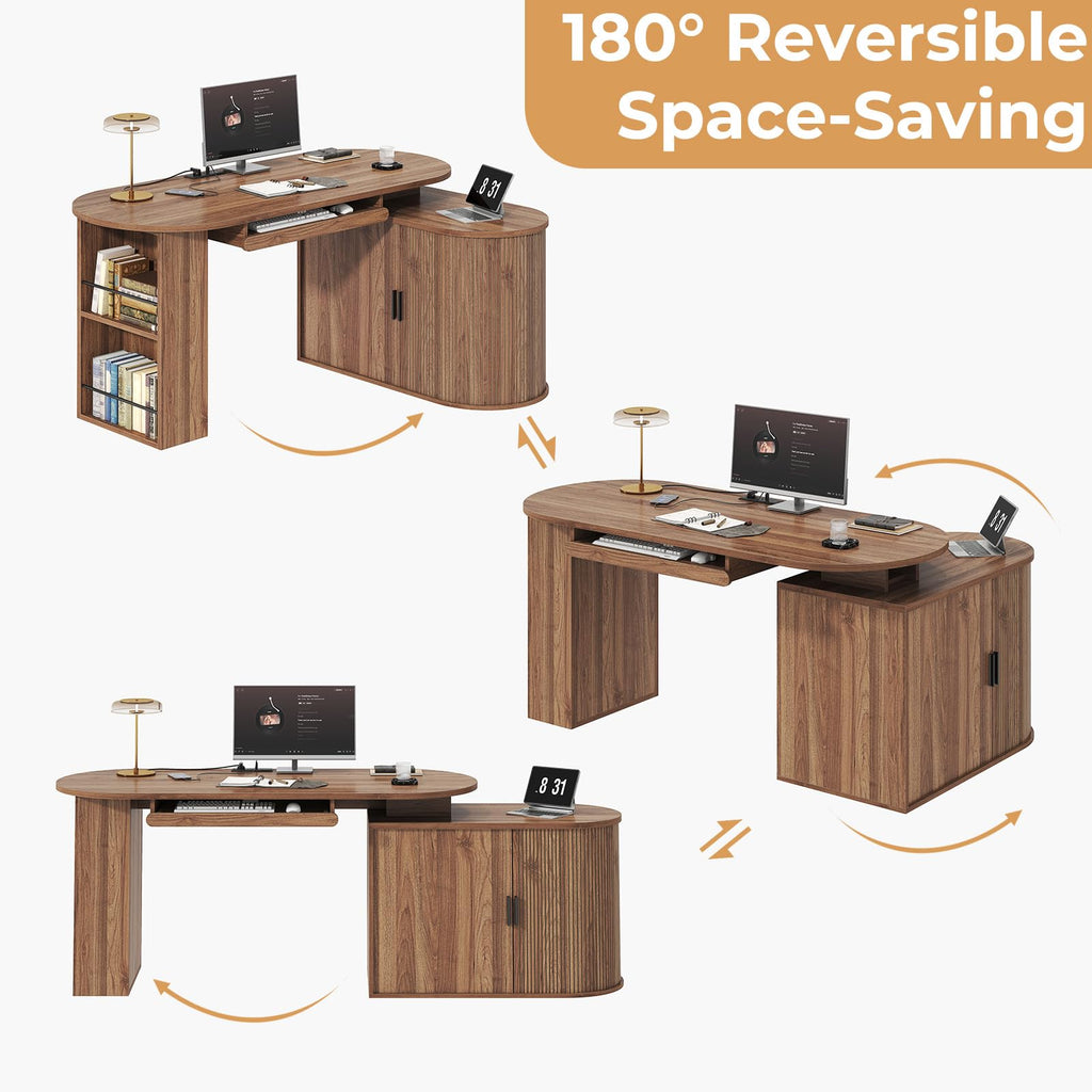 L Shaped Corner Desk with Storage Cabinet Walnut 60 Inch R434114