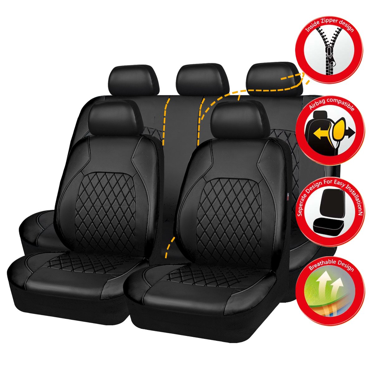 Faux Leather Car Seat Covers Full Set, Airbag Compatible, Breathable, All Black H2110