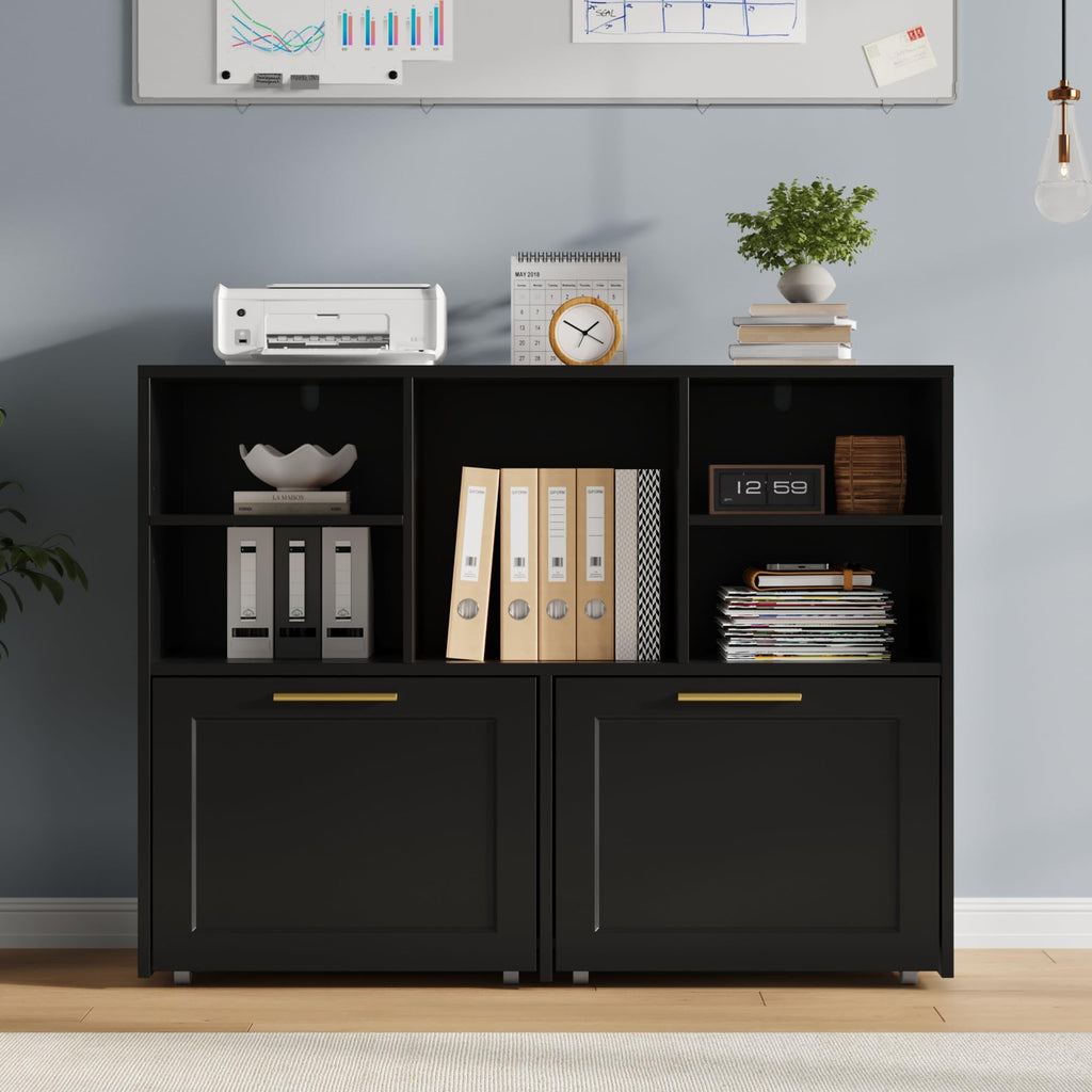 Black 2 Drawer Lateral File Cabinet with Open Storage Cubes O671