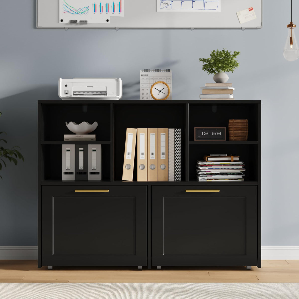 Black 2 Drawer Lateral File Cabinet with Open Storage Cubes O671