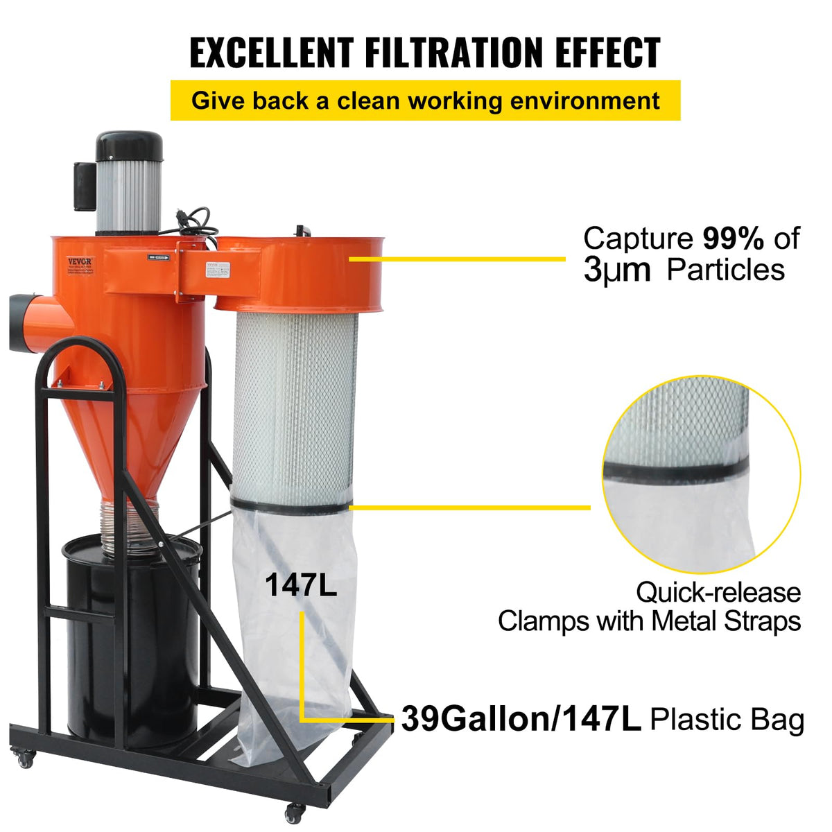 2 HP Portable Dust Collector with 39 Gallon Collection Bag H1377