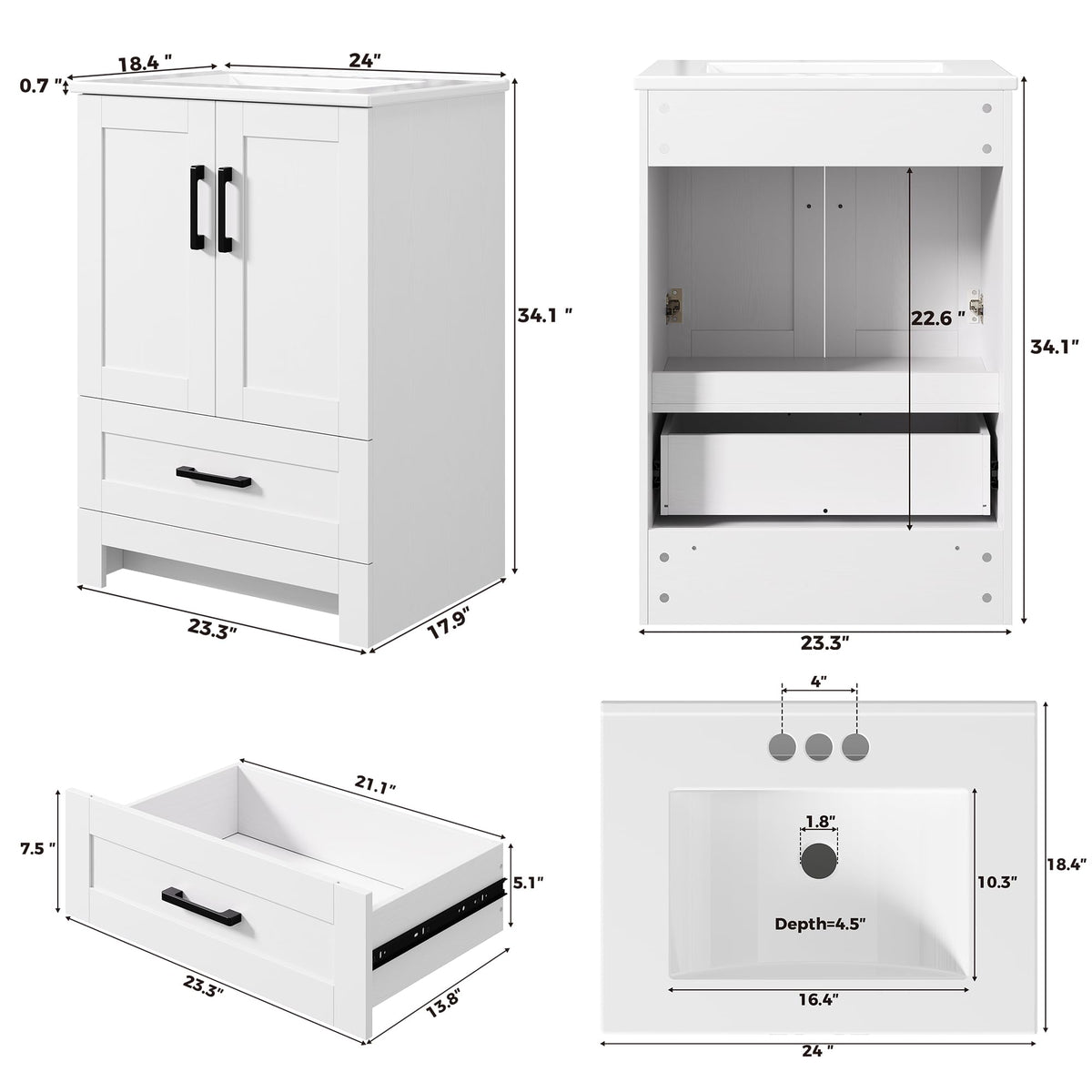 24" White Bathroom Vanity with Sink O618