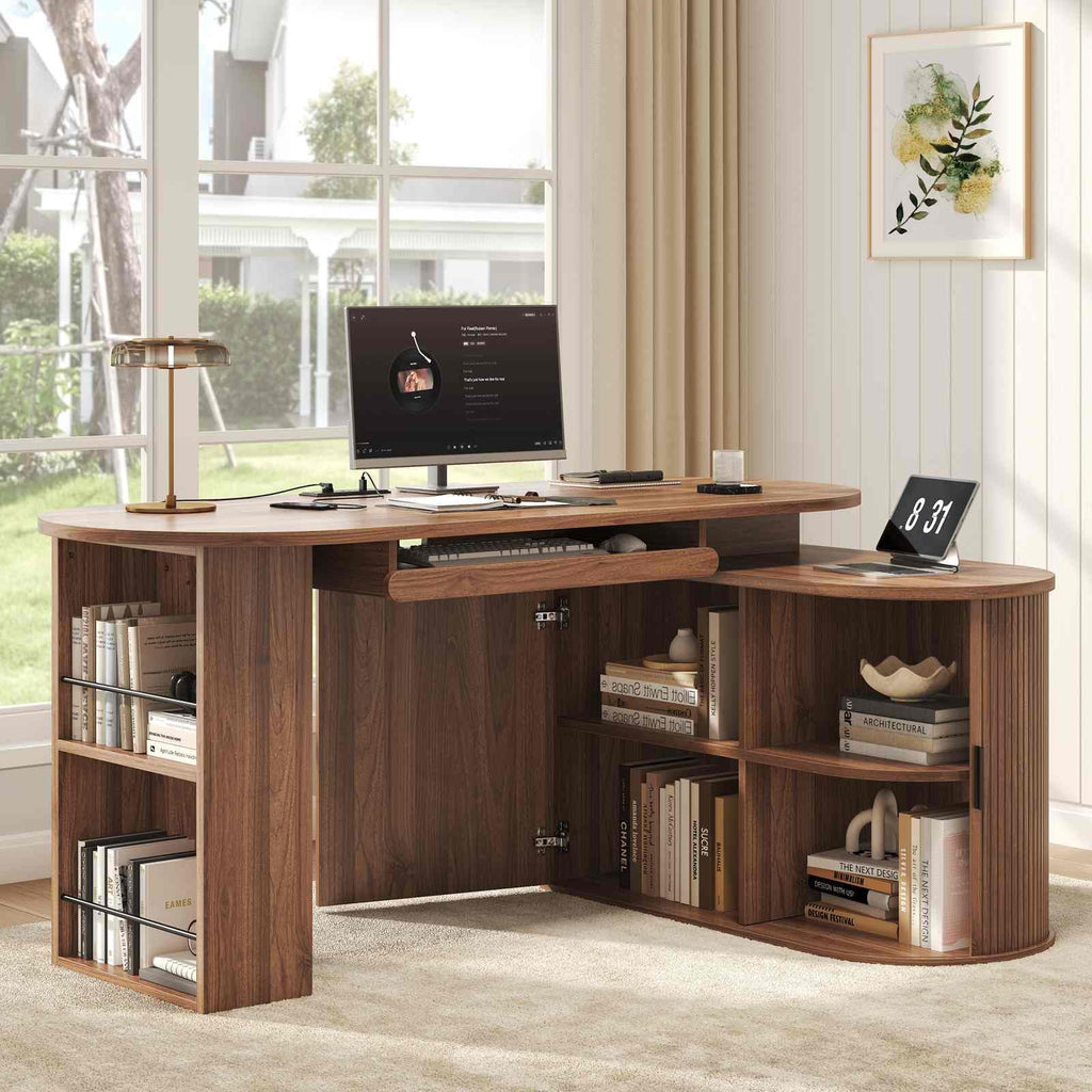 L Shaped Corner Desk with Storage Cabinet Walnut 60 Inch R434114