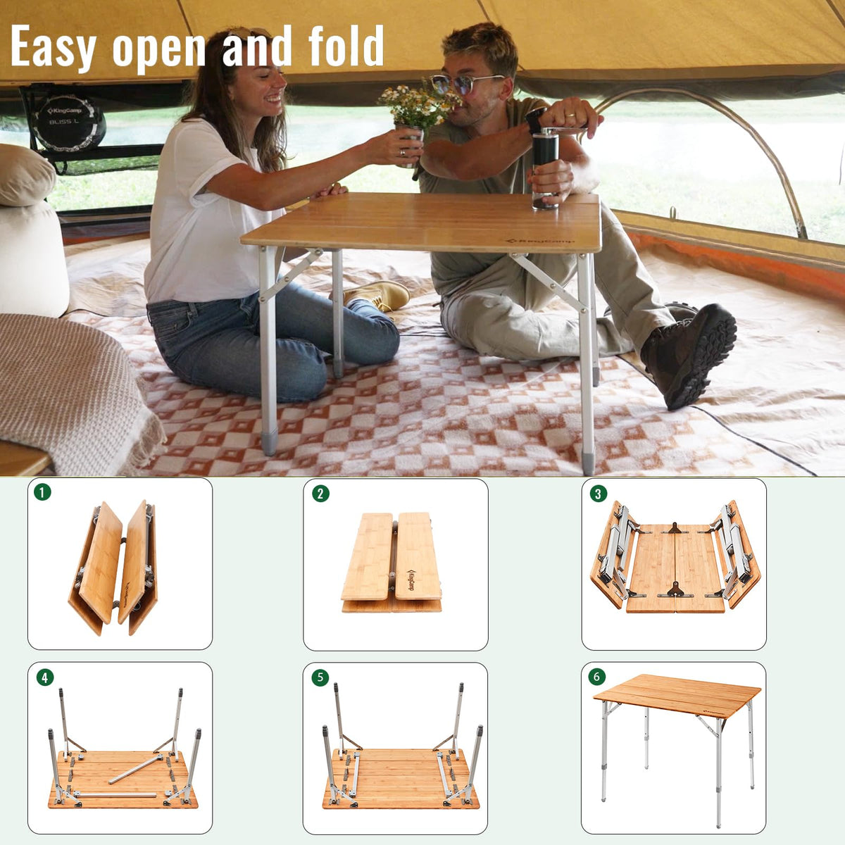 Folding Camping Table Bamboo Adjustable Portable Table C939186