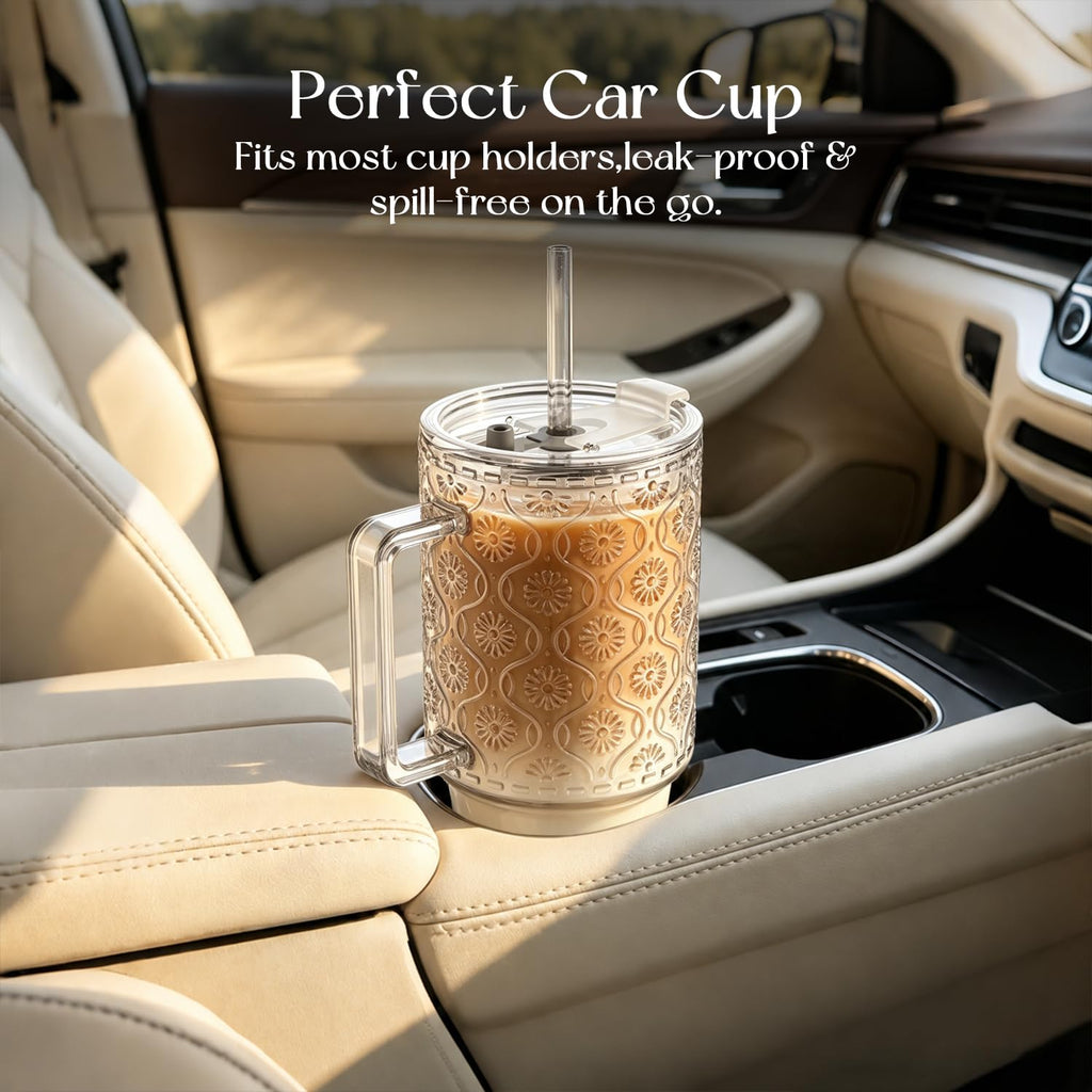 24 Oz Ribbed Glass Tumblers with Lids and Straws P31863
