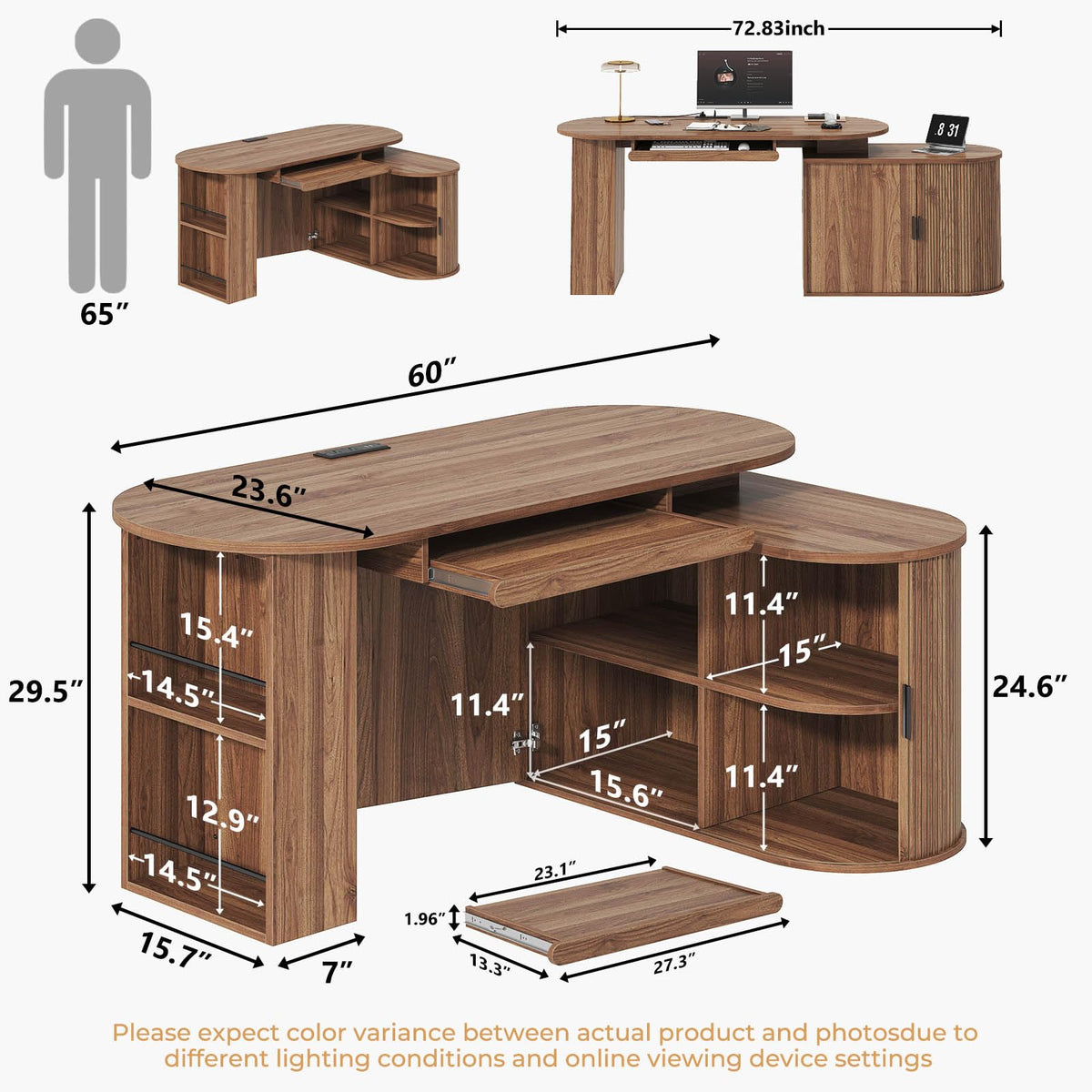 L Shaped Corner Desk with Storage Cabinet Walnut 60 Inch R434114