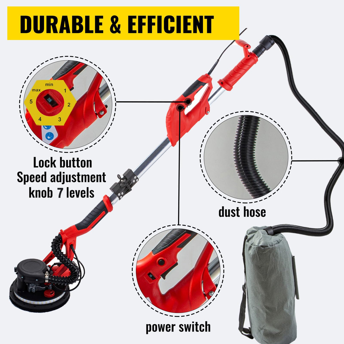 850W Variable Speed Electric Drywall Sander with Vacuum Bag B52348