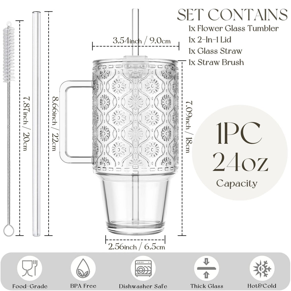 24 Oz Ribbed Glass Tumblers with Lids and Straws P31863