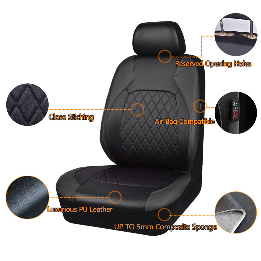 Faux Leather Car Seat Covers Full Set, Airbag Compatible, Breathable, All Black H2110