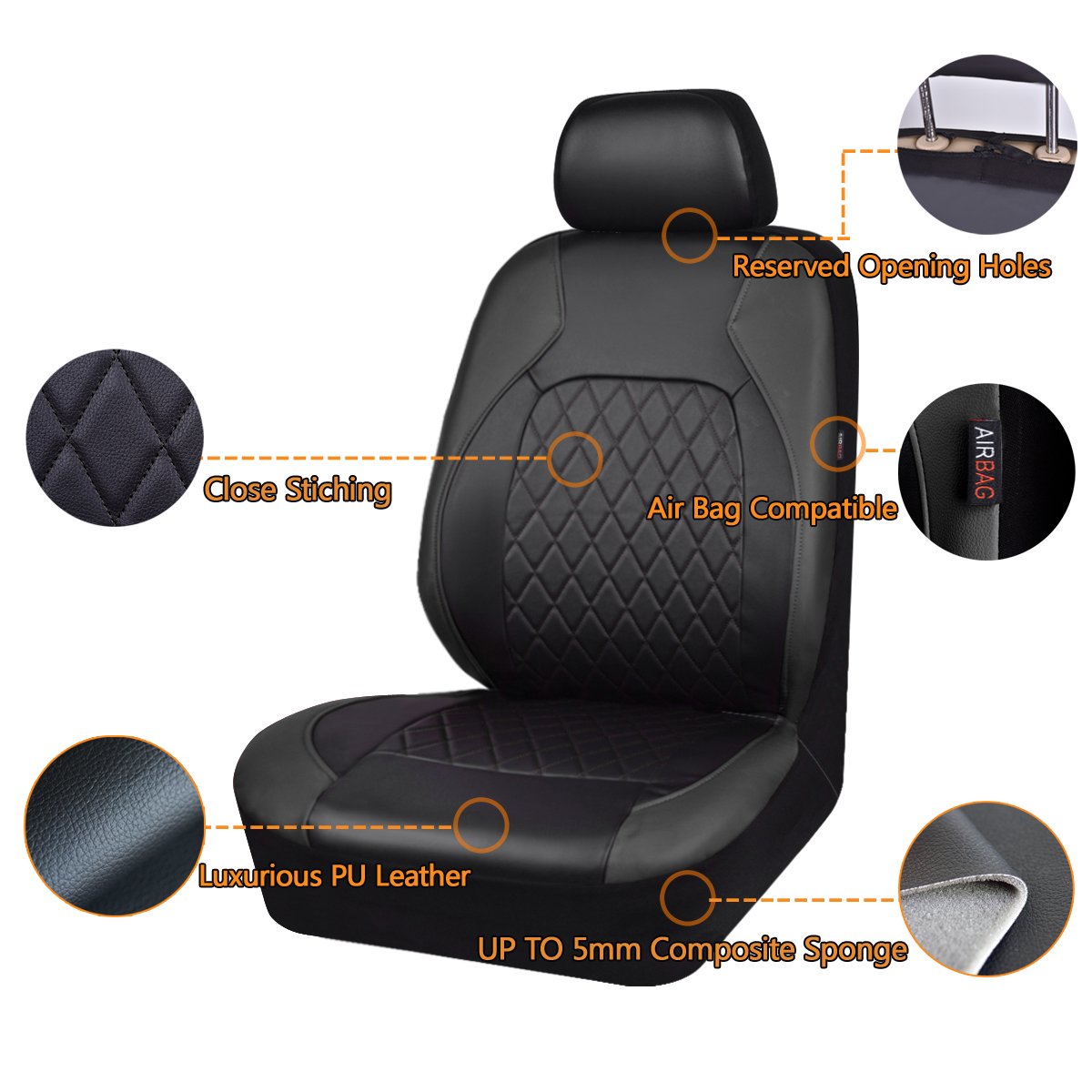 Faux Leather Car Seat Covers Full Set, Airbag Compatible, Breathable, All Black H2110