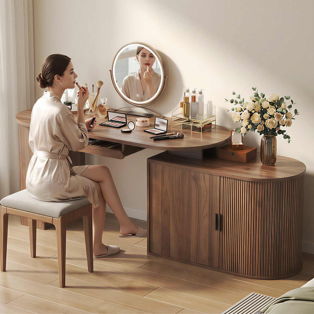 L Shaped Corner Desk with Storage Cabinet Walnut 60 Inch R434114