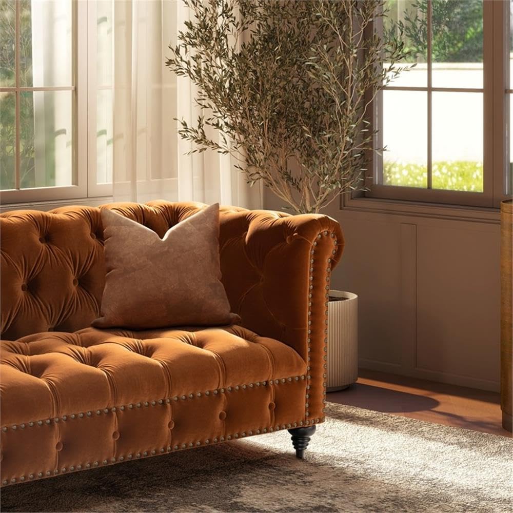 Burnt Orange Velvet Tufted Chesterfield Sofa S78372