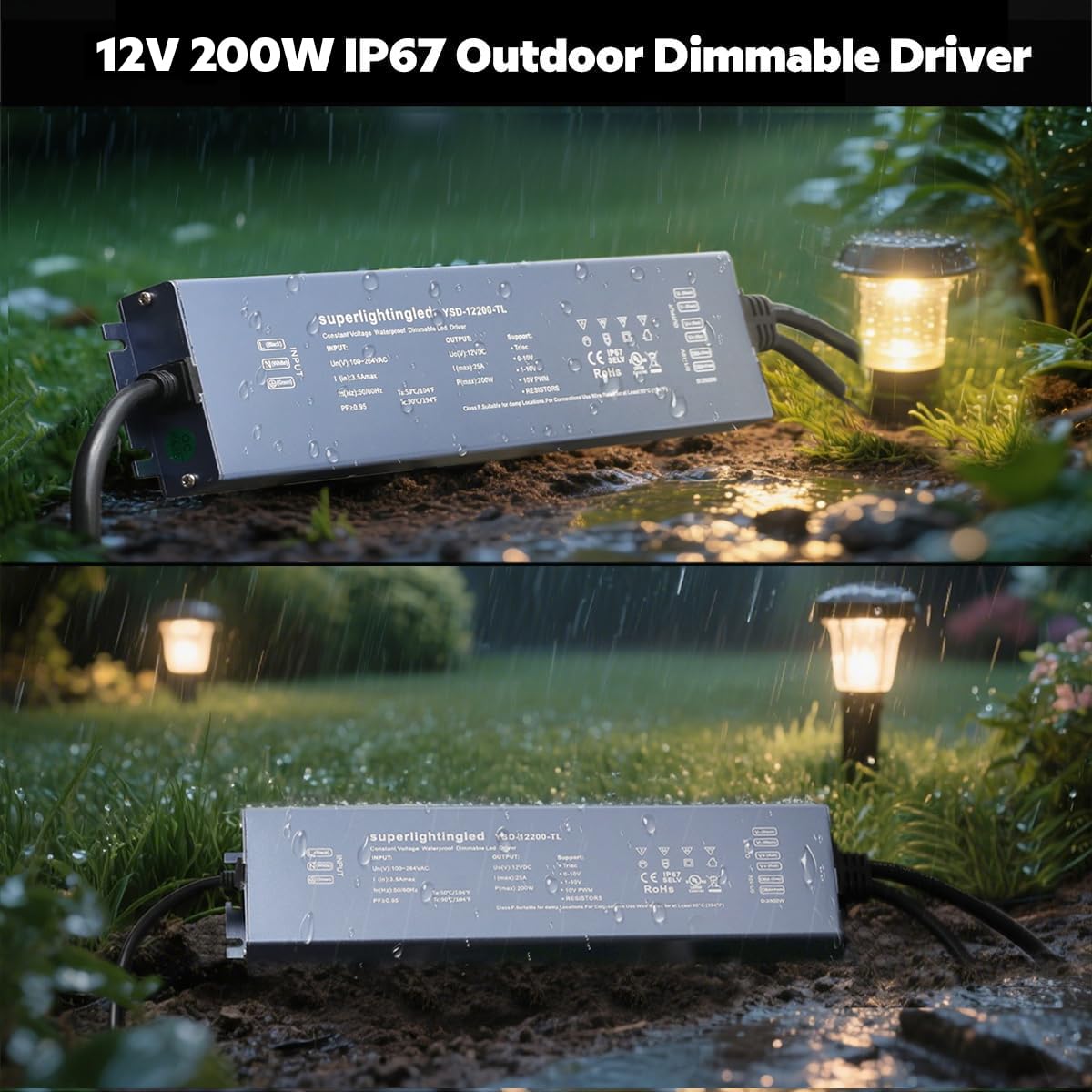 200W 0/1-10V & TRIAC Dimmable Waterproof IP67 12V Low Voltage Transformer D359