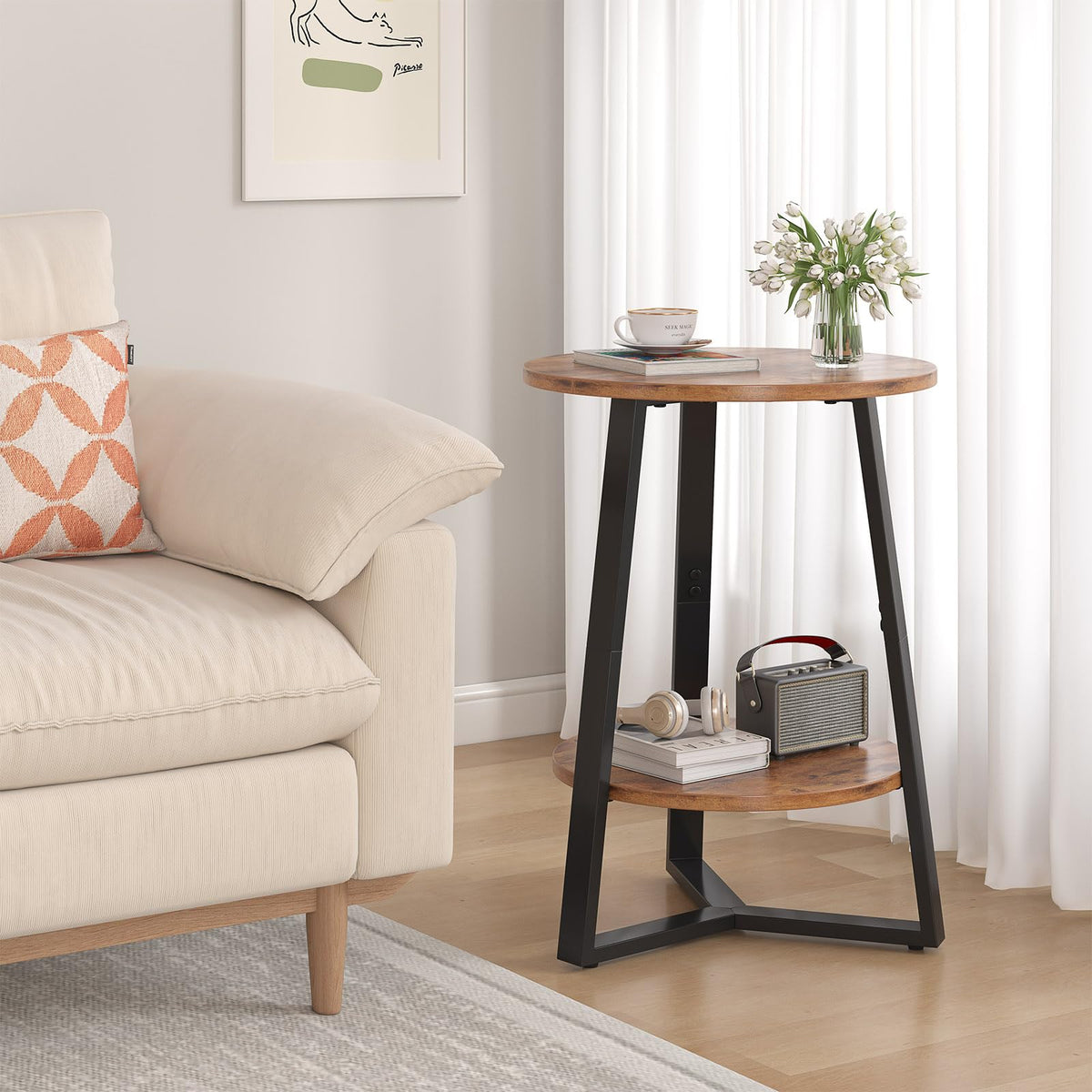 Small Round End Table Set of 2, 2 Tier Side Table with Storage Shelf, Rustic Brown X994481