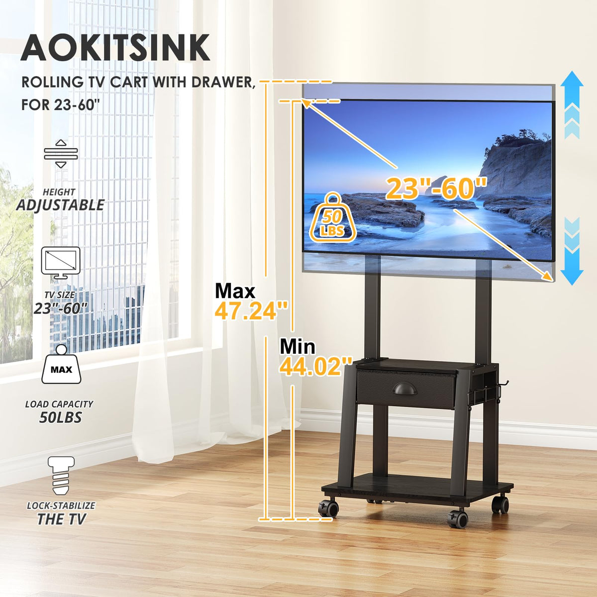 23-60 Inch Mobile TV Stand with Drawer L73046