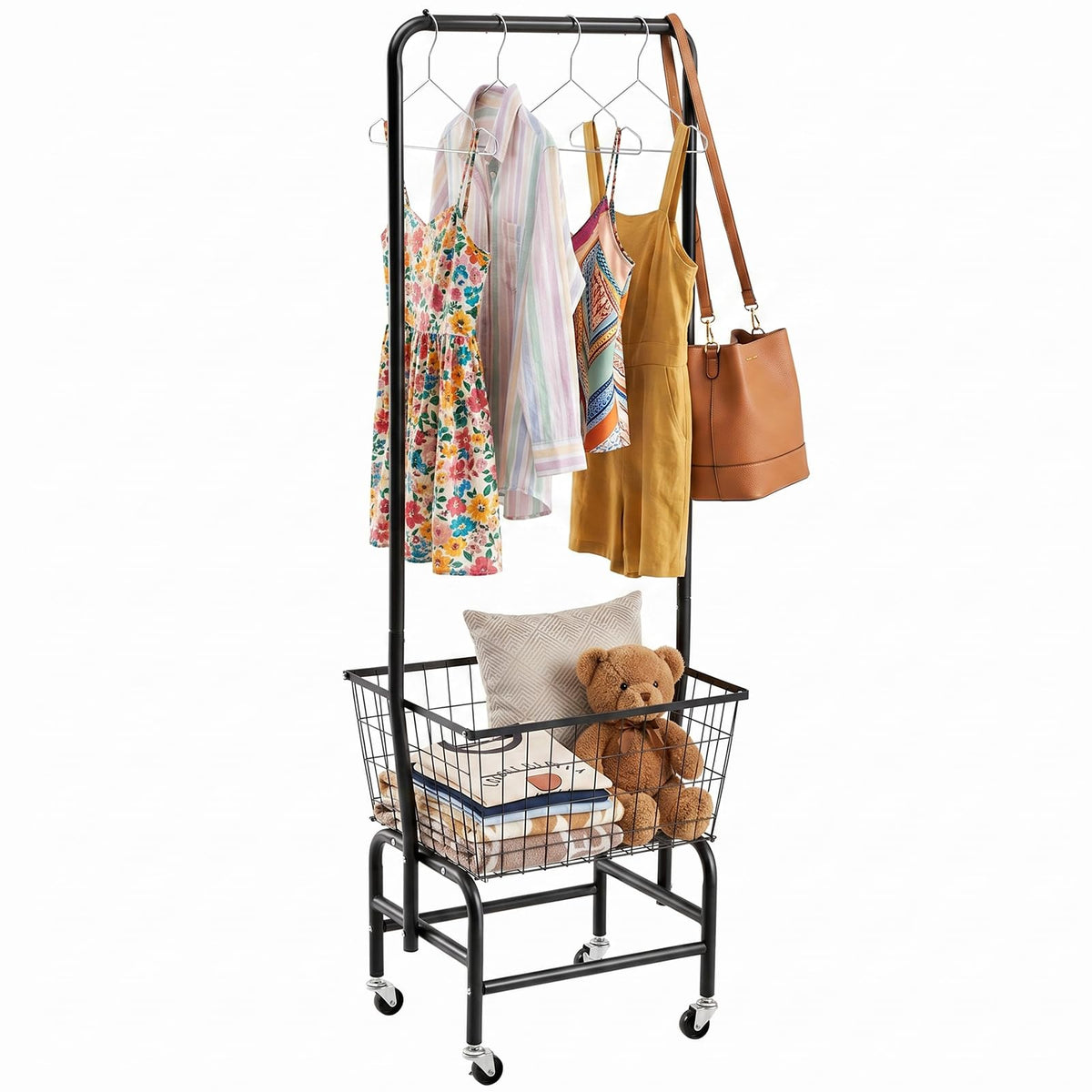 Black Rolling Laundry Cart with Hanging Rack B252368
