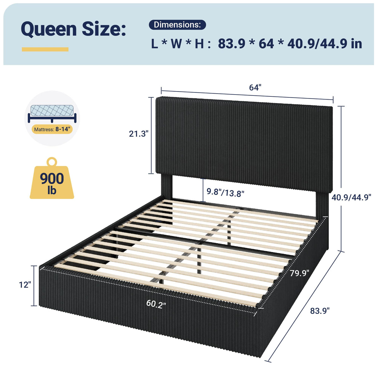 Queen Bed Frame with Adjustable Corduroy Headboard Q631