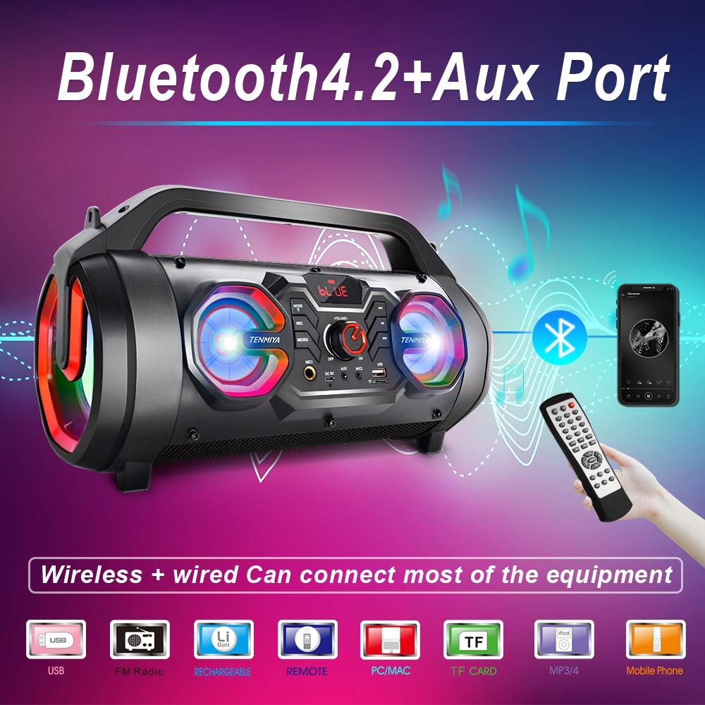 Portable Bluetooth Speaker with Subwoofer, FM Radio, RGB Lights, 30W A449674