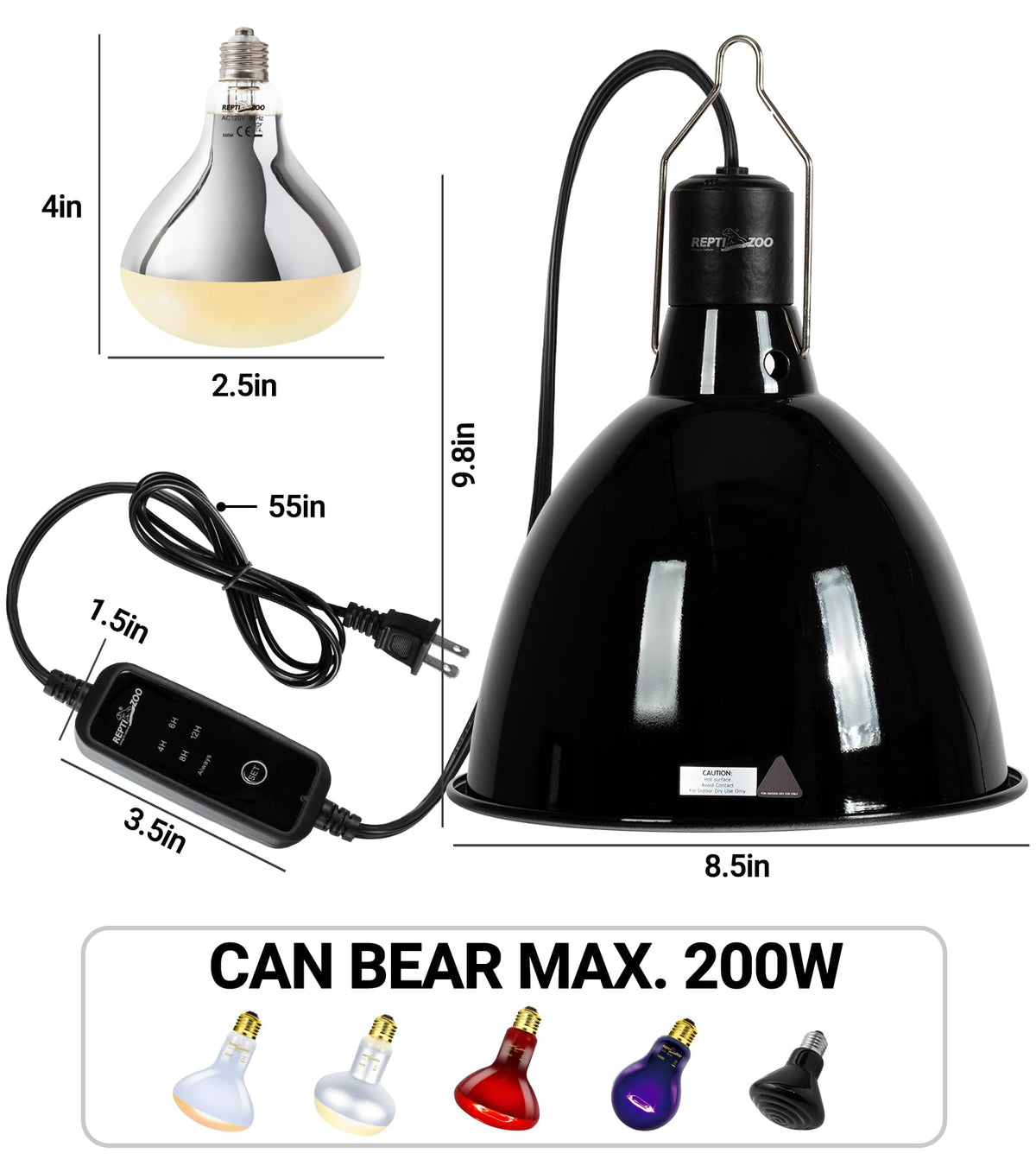 160W Reptile Heat Lamp UVA UVB Bulbs with 8.5 Inch Light Fixture D6491
