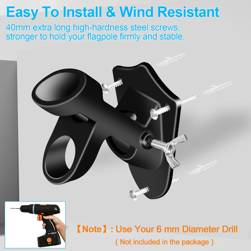1" Flag Pole Holder Brackets with Hardwares, Two Positions Aluminium Alloy Rust Free Coated, Black 1 Pack L191806