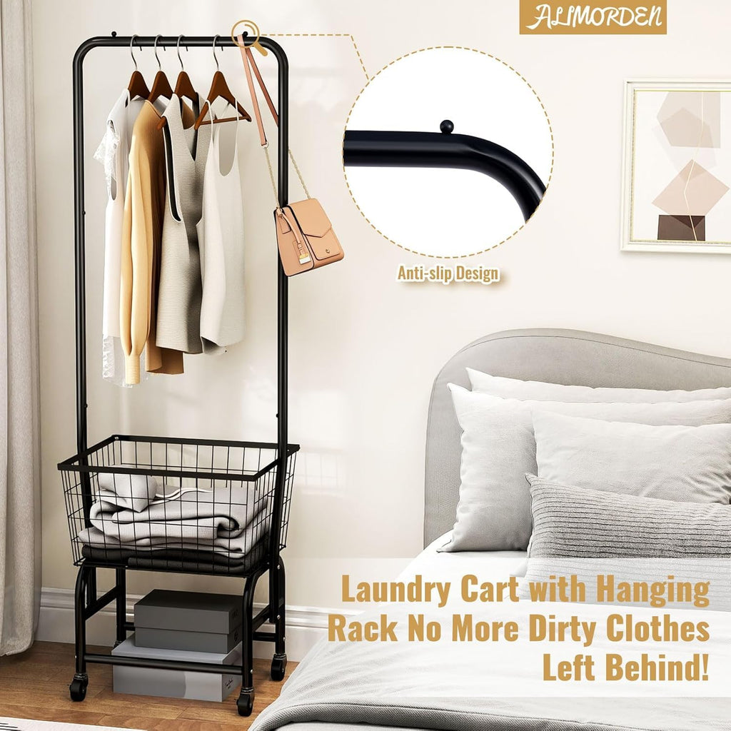 Black Rolling Laundry Cart with Hanging Rack B252368