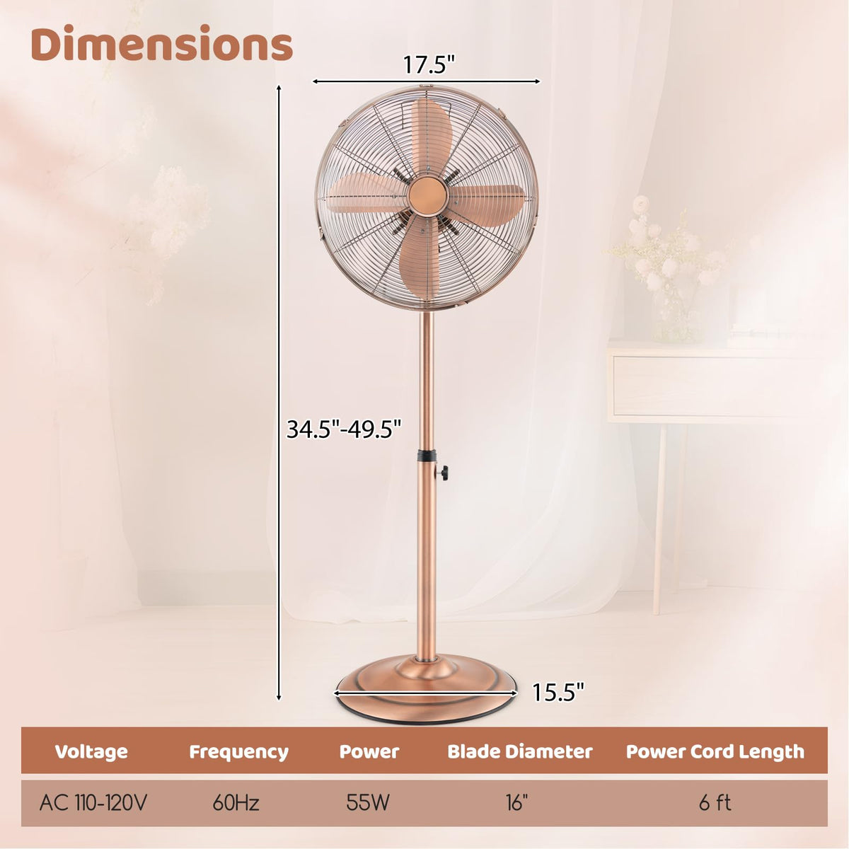 16-Inch Metal Pedestal Fan with Adjustable Height, 3 Speeds, Oscillation Q36447