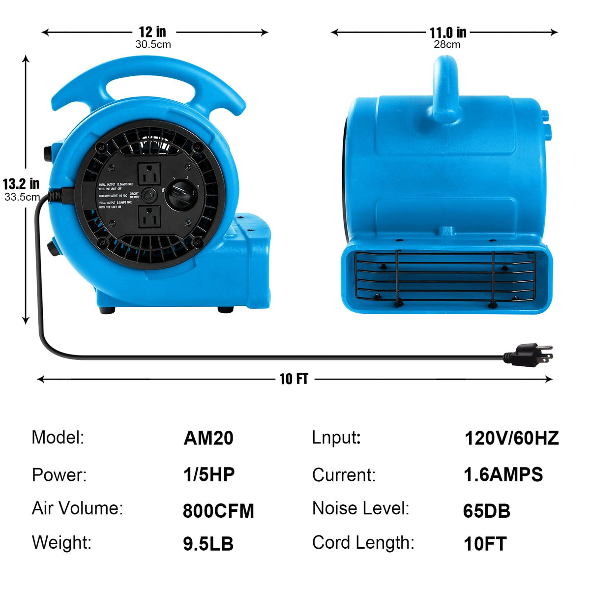 1/5hp 800cfm 3-Speed Air Mover Blower Fan with Dual Outlet Q64520