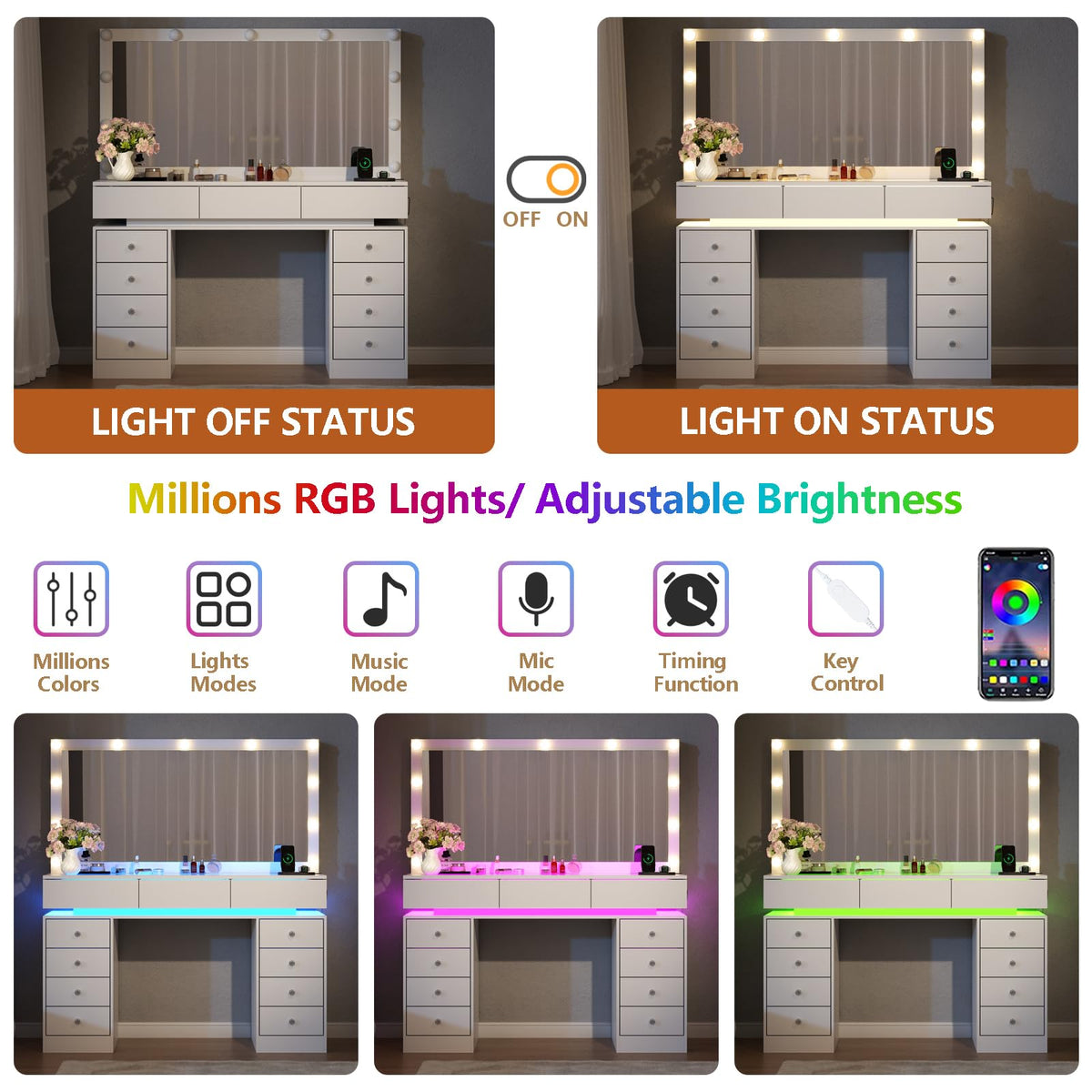 White Vanity Desk with Mirror and Lights B93744