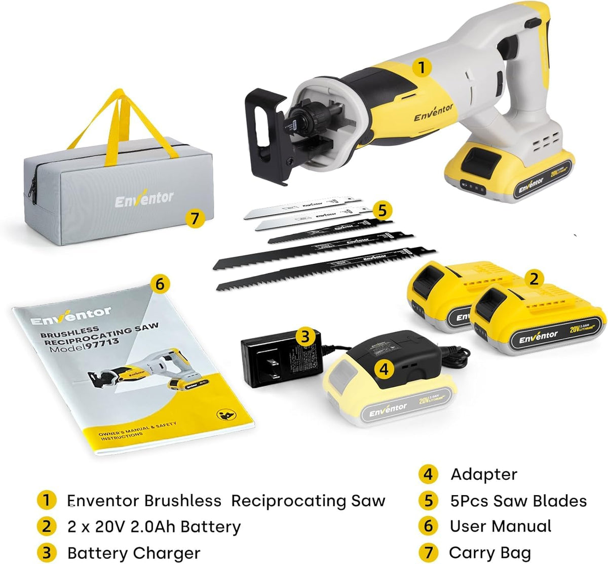 Reciprocating Saw with Brushless Motor, 20V, 2 x 2.0 Ah Batteries I7428