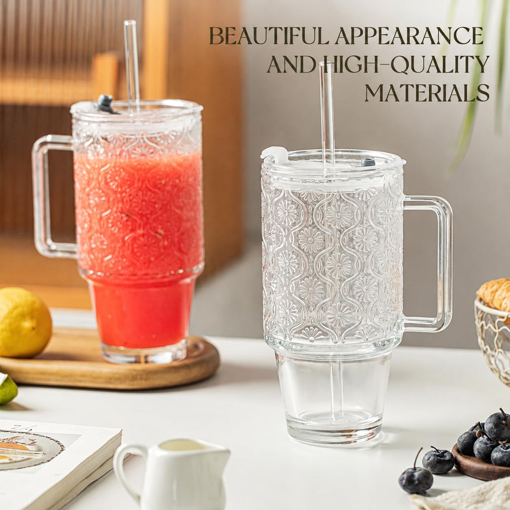 24 Oz Ribbed Glass Tumblers with Lids and Straws P31863